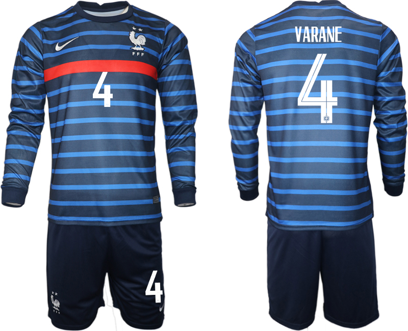 Men 2021 European Cup France home blue Long sleeve #4 Soccer Jersey